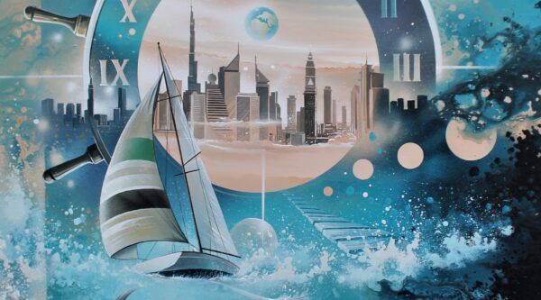 "Voile sur Dubaï "oeuvre de Thierry Mordant -détails voilier et ville de Dubaï .