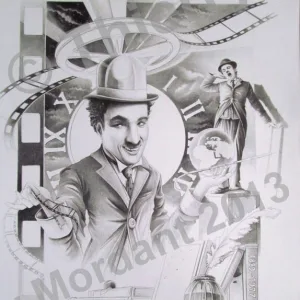 "Chaplin en Lumières" , dessin aux crayons en noir et blanc de Thierry Mordant format de 61 x 49 cm - 2013.