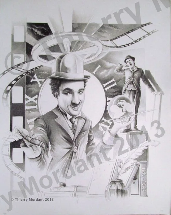 "Chaplin en Lumières" , dessin aux crayons en noir et blanc de Thierry Mordant format de 61 x 49 cm - 2013.
