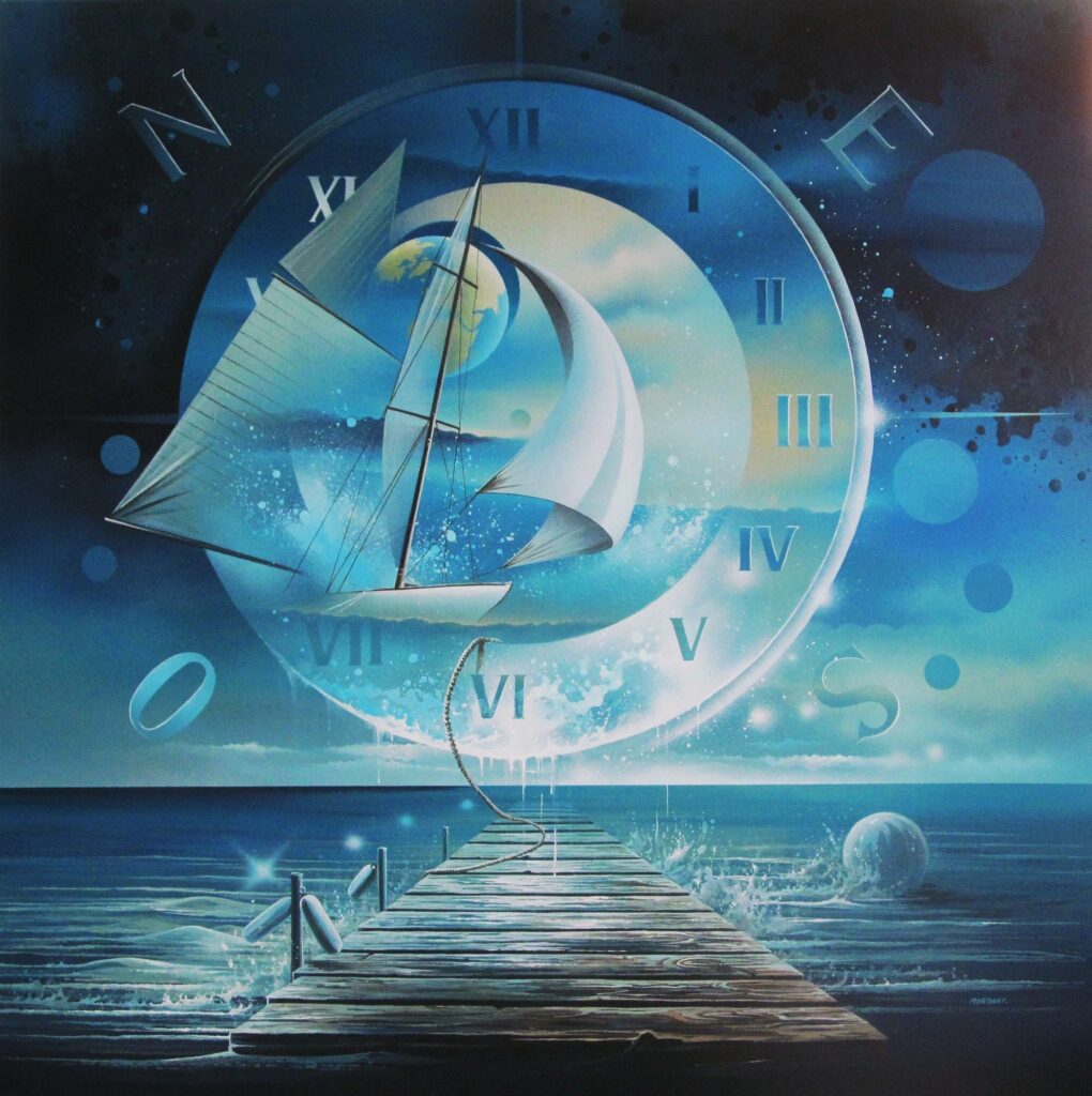 Temps Nautiques, peinture acrylique de Thierry Mordant représentant une horloge symbolique émergant d’un univers marin onirique aux tonalités bleues.