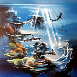 Terre de Requins, peinture acrylique de Thierry Mordant représentant un univers marin symbolique dominé par la présence de requins et une tension entre profondeur, lumière et territoire.