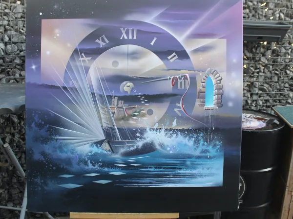 détails 2 "Voiles sur Monaco" - Plongez dans l'univers poétique de Thierry Mordant avec cette pièce unique de la collection Terre et Mer, une acrylique sur toile de 100x100 cm.