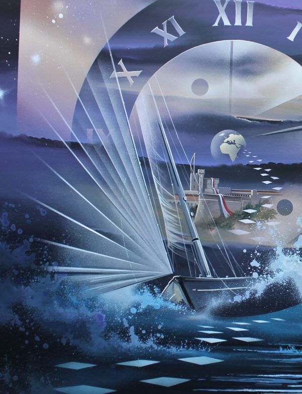 détails 2 "Voiles sur Monaco" - Plongez dans l'univers poétique de Thierry Mordant avec cette pièce unique de la collection Terre et Mer, une acrylique sur toile de 100x100 cm.