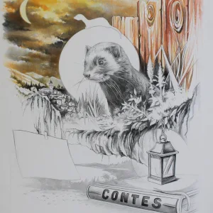 La Nuit des Fichaux Crayons de couleur sur papier bristol de Thierry Mordant, format 35,5 x 48 cm.