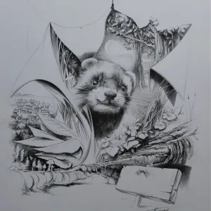 Putois Fichaux , crayons de couleur sur papier Bristol par Thierry Mordant. 35,5 x 48 cm.