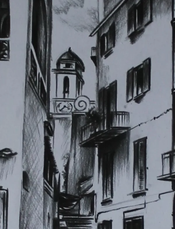 Rue de L'Eglise, Fusain sur papier Bristol, par Thierry Mordant, 60 x 40 cm - 1996 détails