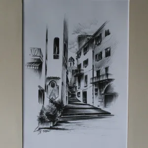 Rue de L'Eglise, Fusain sur papier Bristol, par Thierry Mordant, 60 x 40 cm - 1996