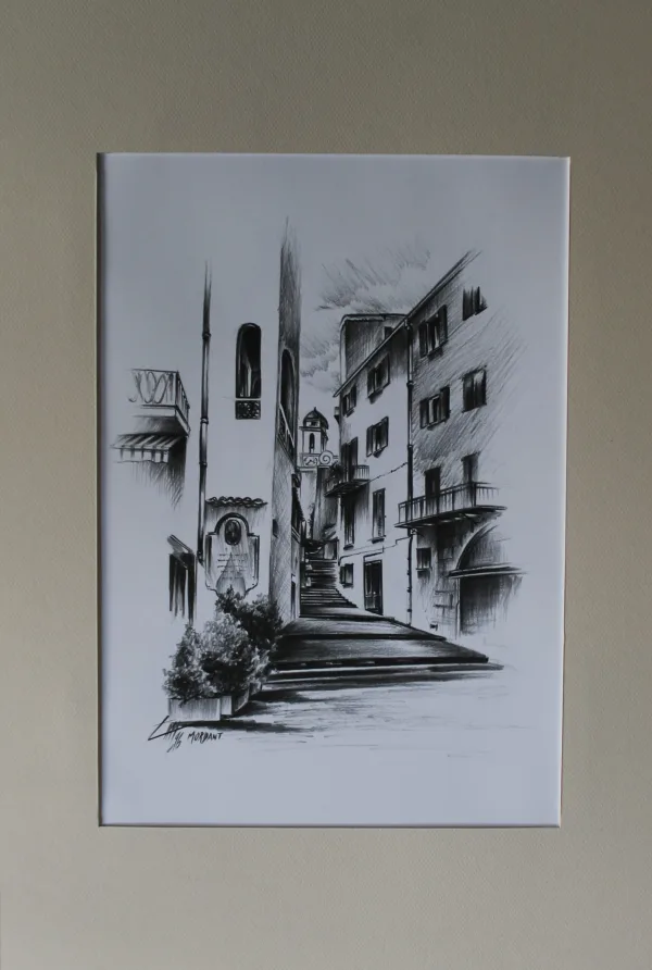 Rue de L'Eglise, Fusain sur papier Bristol, par Thierry Mordant, 60 x 40 cm - 1996