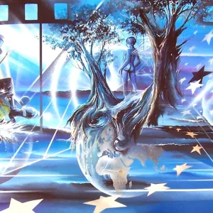 Entre deux Mondes, acrylique de Thierry Mordant format de 50 x 100 cm - 2003