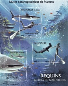 Bloc 3 timbres - Musée océanographique Monaco - REQUINS AU DELA DU MALENTENDU