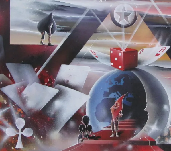 Au Cœur des Jeux, toile Acrylique de 80 x 100 cm sur le monde des jeux par Thierry Mordant. Détails 2.