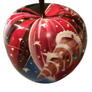 Pommes Circus World, acrylique sur une pomme en trois dimensions en résine de 21 cm, avec une hauteur de 40 cm. par Thierry Mordant.