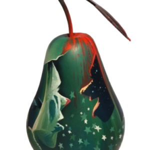 Poire Clownesque, poire en résine par peinture acrylique, œuvre de 23 x 23 cm, hauteur de 40 cm.