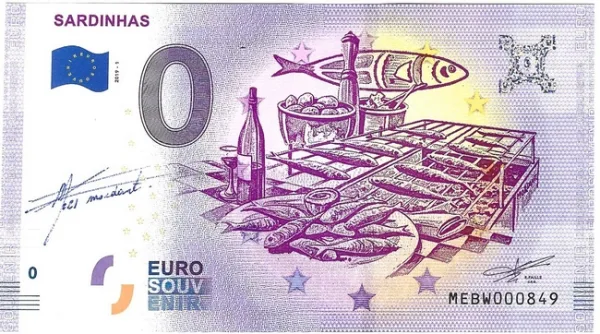 Billet Sardinhas, du Portugal, billet euro souvenir, créé par Thierry Mordant en 2019.
