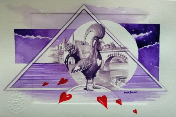 Planche Coq 2 / 10, mise en couleur de l'illustration base du billet Coq Barcelos, par l'Artiste Thierry Mordant