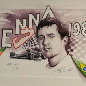 Planche Ayrton Senna 1/10, création pour le billet Estoril Senna 1985