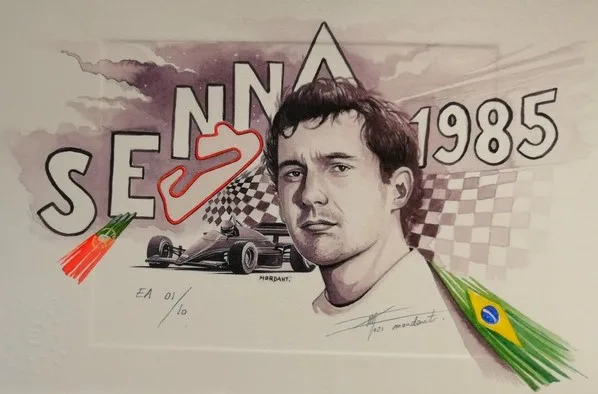 Planche Ayrton Senna 1/10, création pour le billet Estoril Senna 1985