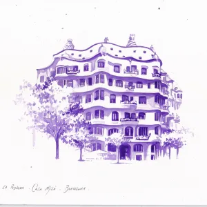 Planche Pedrera Casa Mila, aquarelle monochrome de 21 x 29,7 cm, Barcelona
