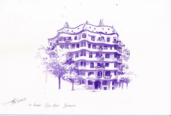 Illustration Pedrera Casa Mila, aquarelle monochrome de 21 x 29,7 cm, Barcelona