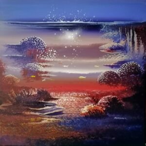 Étoiles de Mer, peinture acrylique 40x40 cm de Thierry Mordant, fond marin rouge corail, poissons stylisés, lumière ascendante, 2024.