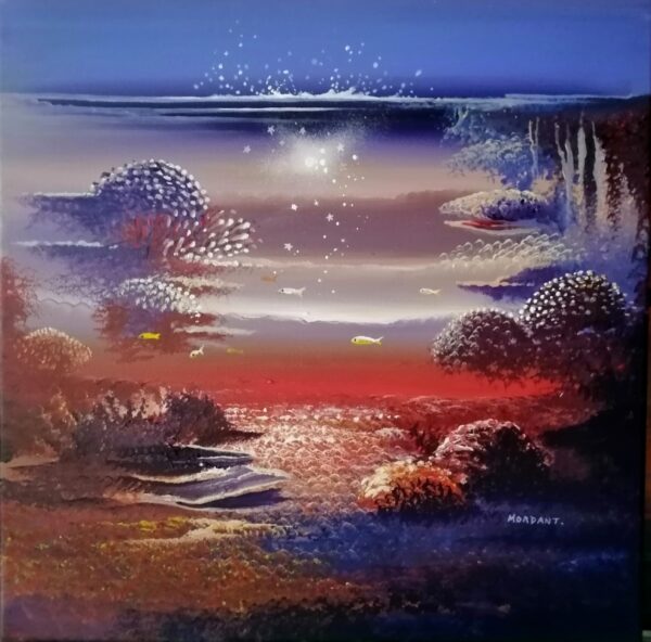 Étoiles de Mer, peinture acrylique 40x40 cm de Thierry Mordant, fond marin rouge corail, poissons stylisés, lumière ascendante, 2024.