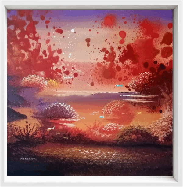 "Mer de Feu, œuvre acrylique de Thierry Mordant, encadrement caisse américaine.