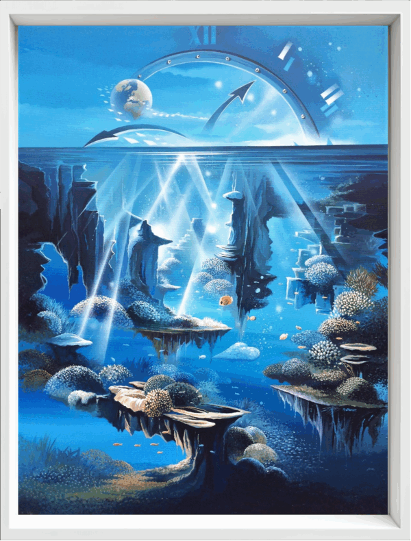 Monde Marin, toile acrylique de Thierry Mordant réalisée en 2024, représentant un univers marin onirique aux tonalités bleues et symboles du temps. Encadrement caisse américaine.