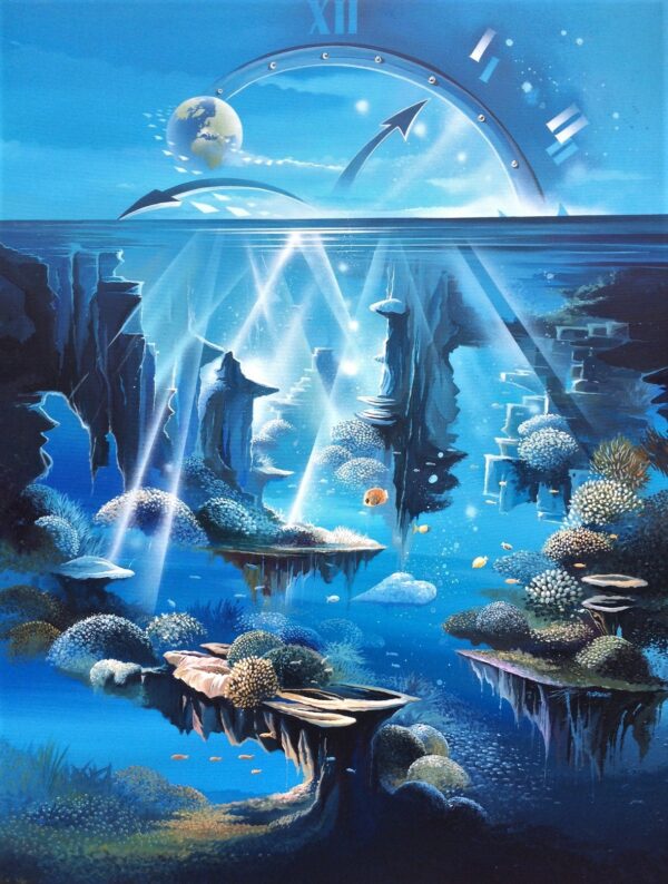 Monde Marin, toile acrylique de Thierry Mordant réalisée en 2024, représentant un univers marin onirique aux tonalités bleues et symboles du temps.