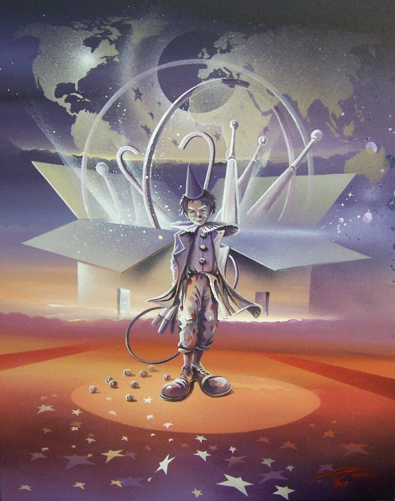 Jonglerie en Boite toile acrylique. 50 x 40 cm