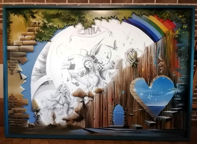 Fresque naissance Emma — wall project, wood, drawings, acrylic —2024 — by Thierry Mordant