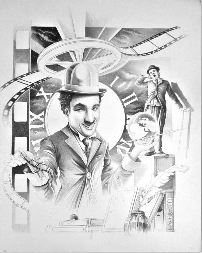 Chaplin en Lumière — Black & White pencils — 2023 — Undefined format — by Thierry Mordant