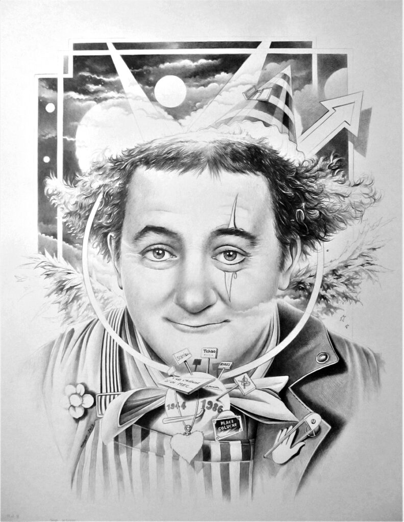 Coluche Hommage — Black & White pencils — 2013 — 50 x 70 cm — by Thierry Mordant