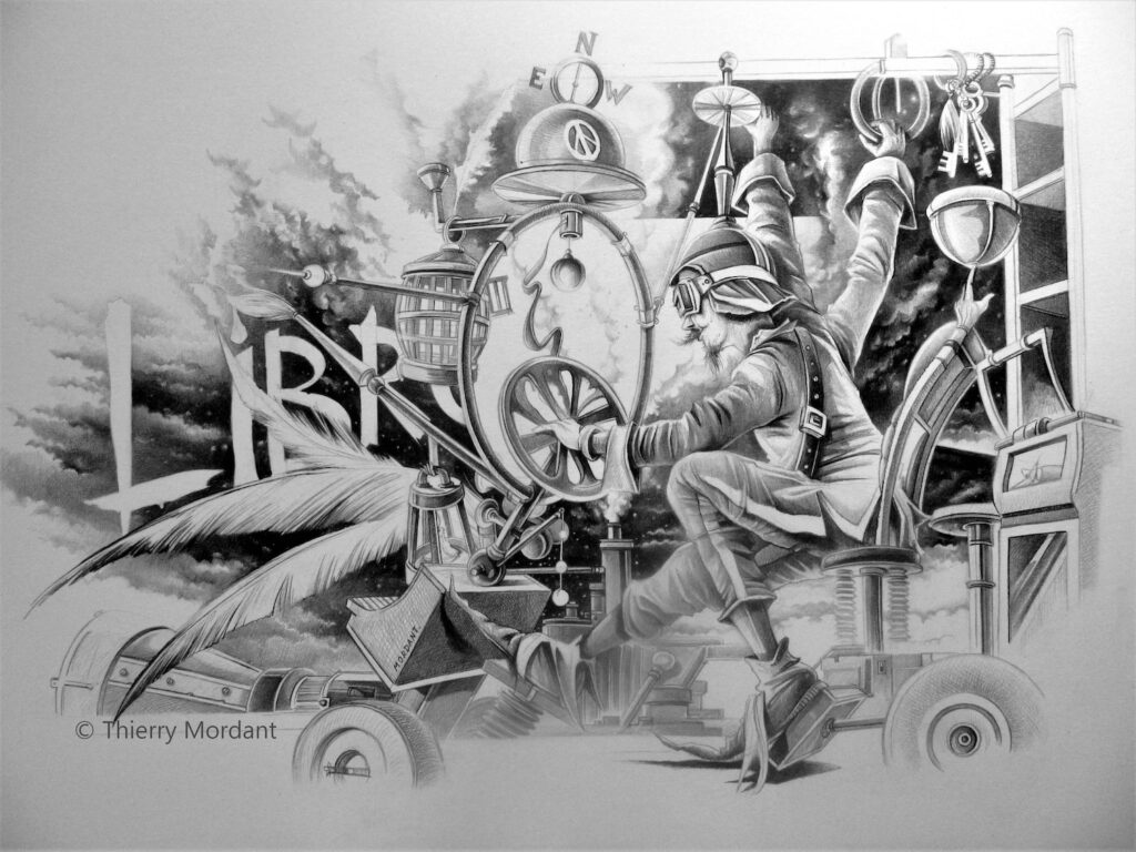 Back to Future — black and white pencils — 2015 — 70 x 50 cm —by Thierry Mordant
