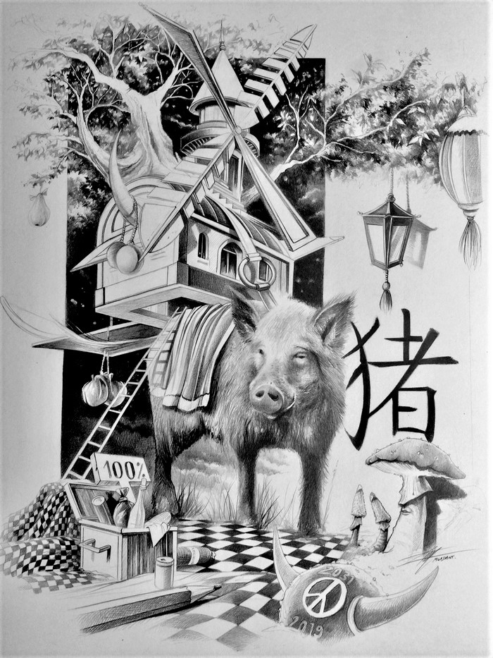 Zodiaque Cochon — Acrylic on cardboard — 2019 — 50 x 70 cm — by Thierry Mordant