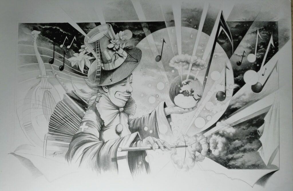 Clown et notes de Musique — Black & White pencils — 2022 — 51 x 77 cm — by Thierry Mordant
