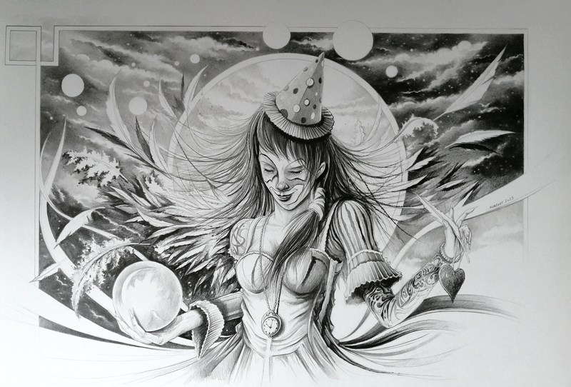 Des Plumes et des Fées — Black&white pencils — 2023 — 50 x 70 cm — by Thierry Mordant