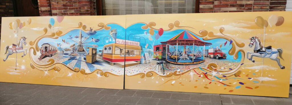 Fresque decor Friterie — Acrylic on wood — 2026 — 5 x 2 m — by Thierry Mordant