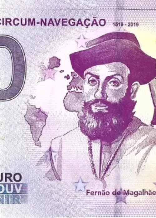 Billet Magellan Euro Souvenir. Portugal, 500ᵉ anniversaire, navigation de découverte de Fernand de Magellan, création Thierry Mordant. 2019