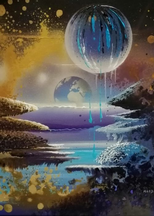 Entre Terre et Mer, de Thierry Mordant, peinture acrylique 40x40 cm de 2024, représentation onirique entre monde marin et planète Terre.
