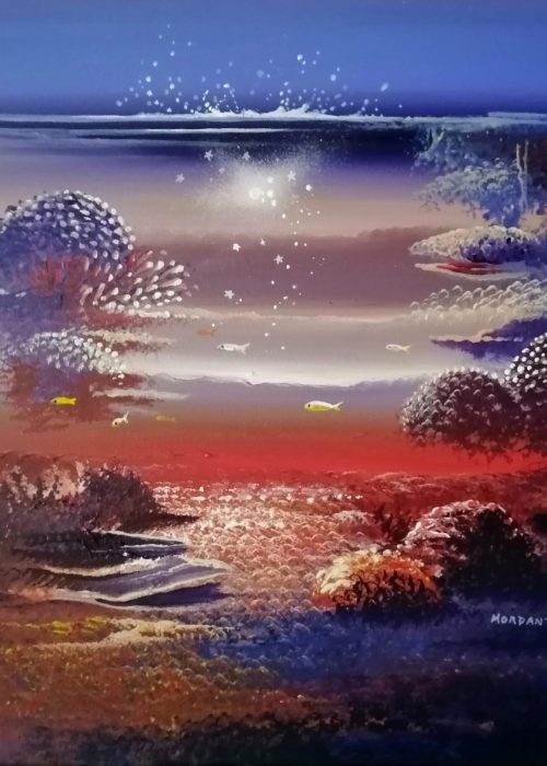 Étoiles de Mer, peinture acrylique 40x40 cm de Thierry Mordant, fond marin rouge corail, poissons stylisés, lumière ascendante, 2024.

