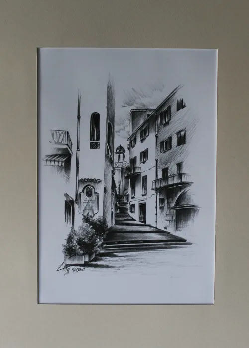 Rue de L'Eglise, Fusain sur papier Bristol, par Thierry Mordant, 60 x 40 cm - 1996
