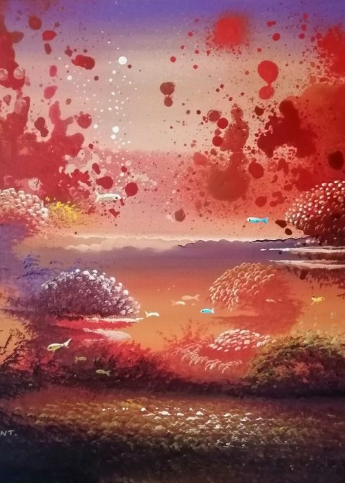 "Mer de Feu, œuvre acrylique de Thierry Mordant représentant des coraux rouges enflammés sur fond marin, technique brosse à dents, 2024"