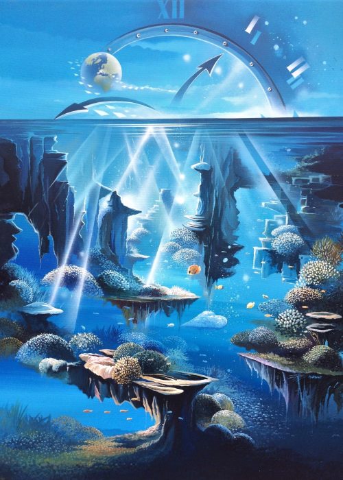 Monde Marin, toile acrylique de Thierry Mordant réalisée en 2024, représentant un univers marin onirique aux tonalités bleues et symboles du temps.